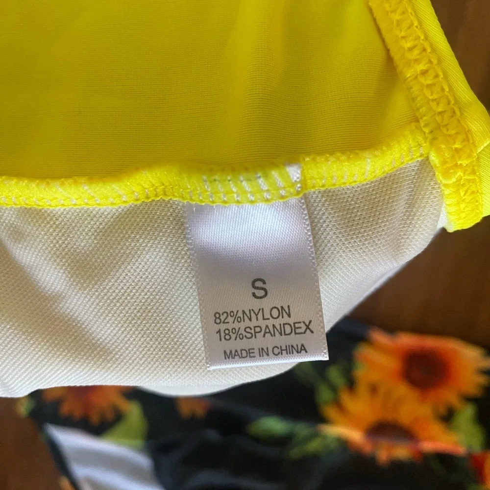Sunflower Bikini Swimsuit Size Small black yellow bustier padded full high waist